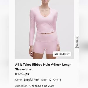 Lululemon Pink All It Takes Ribbed Nulu V-Neck Long-Sleeve Shirt Top